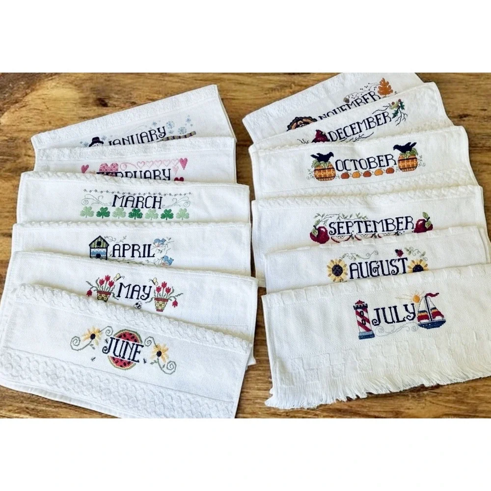 Vtg Cross Stitch Completed All 12 Months of the Year Dish Towels NEW